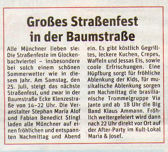 Straßenfest Baumstraße, Zeitungsartikel Hallo-München vom 22. Juli 2015